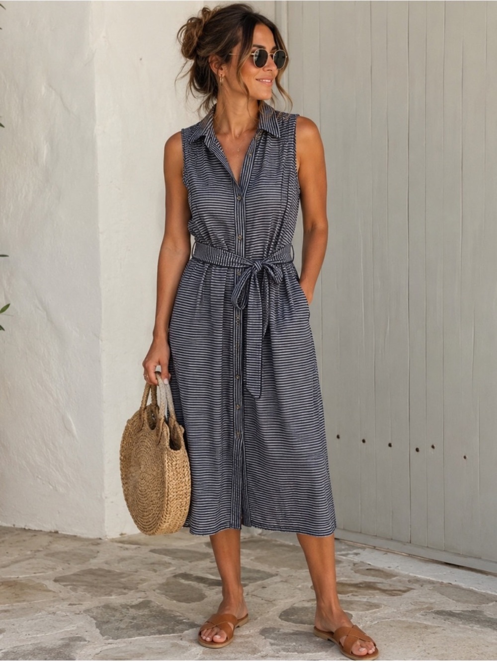 Michael Kors Striped Button Front Tank Shirt Dress Blue Size 10